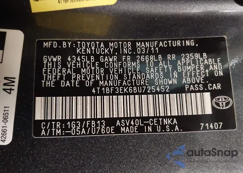 2011 Toyota Camry Le z USA, uszkodzony, nr VIN 4T1BF3EK6BU725452